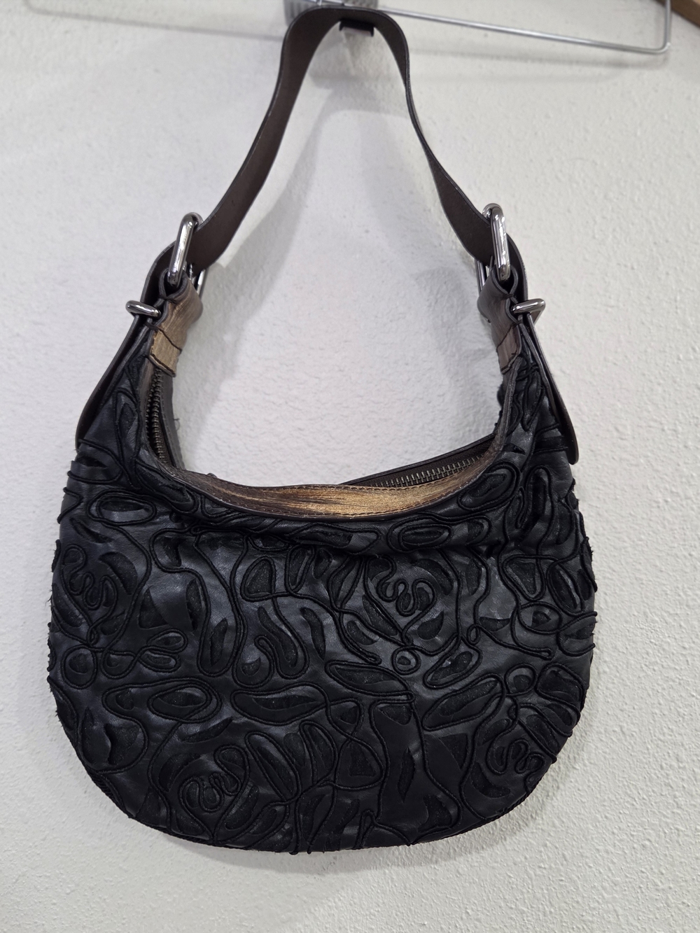 Francesco Biasia Black Textured Leather Hobo Shoulder Bag with Brown Strap